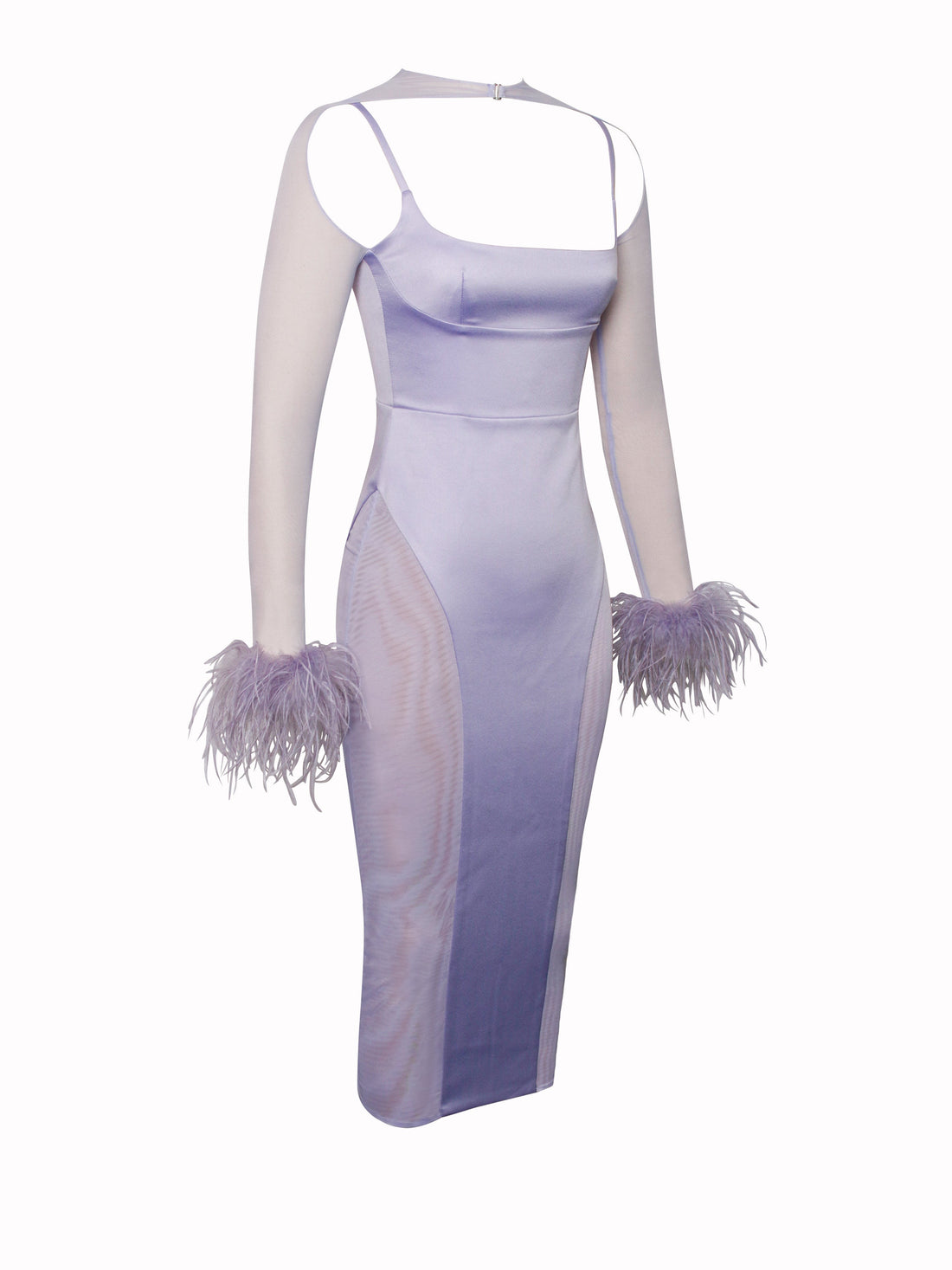 Nola  Satin Mesh Sleeve Dress with Feather